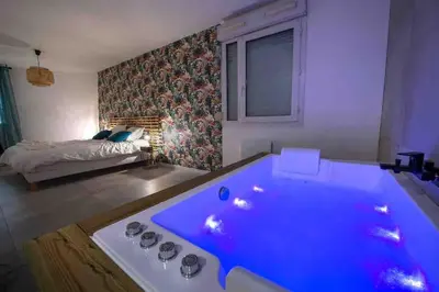 Un ou plusieurs lits dans un hébergement de l'établissement appartement avec jaccuzzi 15 min du centre de lyon