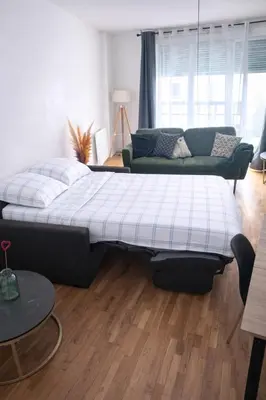Un ou plusieurs lits dans un hébergement de l'établissement appartement avec jaccuzzi 15 min du centre de lyon