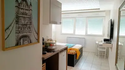 Cuisine ou kitchenette dans l'établissement Bron centre appartement meublé avec jacuzzi