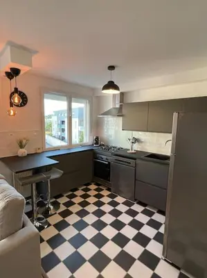 Cuisine ou kitchenette dans l'établissement Bel appartement Meyzieu centre proche Tramway