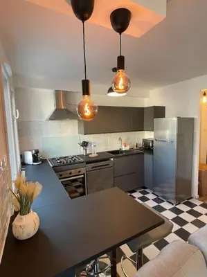 Cuisine ou kitchenette dans l'établissement Bel appartement Meyzieu centre proche Tramway