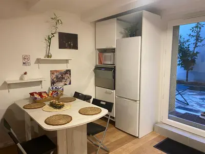 Cuisine ou kitchenette dans l'établissement Appartement climatisé proche Eurexpo Groupama
