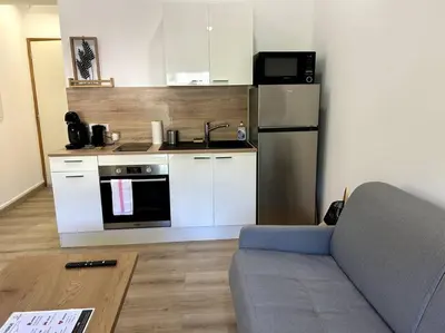 Cuisine ou kitchenette dans l'établissement Studio rénové centre-ville de Lagnieu / WIFI