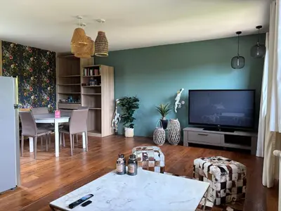 Télévision ou salle de divertissement dans l'établissement Logements chaleureux dans Maison avec piscine à 35 min de LYON