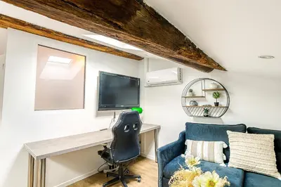 Télévision ou salle de divertissement dans l'établissement Duplex de luxe à Trévoux élégance et confort 100m2 chambres climatisées