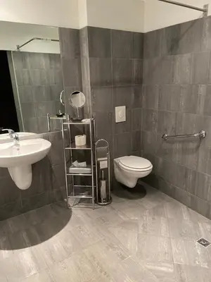 Salle de bains dans l'établissement L'AUBERGE DU RHONE