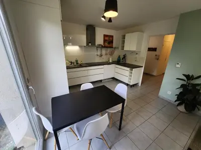 Cuisine ou kitchenette dans l'établissement Appt 2 chambres au calme - jardin privé - Metro D, Eurexpo, Groupama Stadium