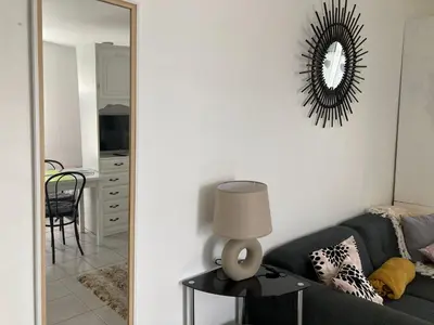 Coin salon dans l'établissement Studio évasion campagnarde avec jardin et parking, proche de Eurexpo et GroupamaStadium
