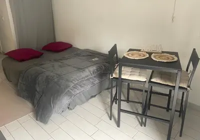 Un ou plusieurs lits dans un hébergement de l'établissement Petit studio aux portes du beaujolais