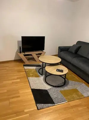Télévision ou salle de divertissement dans l'établissement Joli T2 avec garage gratuit et balcon