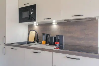 Cuisine ou kitchenette dans l'établissement Appartement T3 neuf, climatisé proche Lyon 3