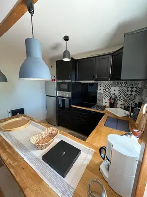 Cuisine ou kitchenette dans l'établissement Le Relais des Cyclamens Bron