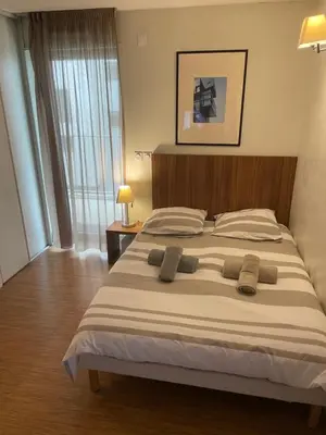 Un ou plusieurs lits dans un hébergement de l'établissement Studio Harmonie Confluence Lyon City et piscine chauffante