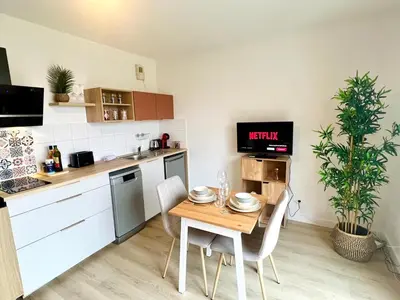 Cuisine ou kitchenette dans l'établissement Le Courvoisy, Studio avec piscine, près Groupama Stadium et Salle Arena