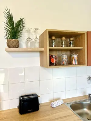 Cuisine ou kitchenette dans l'établissement Le Courvoisy, Studio avec piscine, près Groupama Stadium et Salle Arena