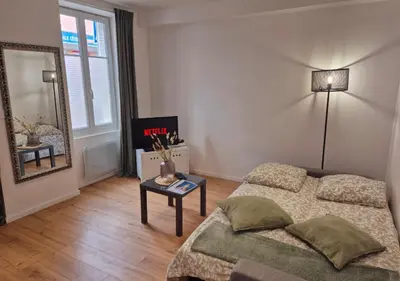 Un ou plusieurs lits dans un hébergement de l'établissement Studio Moderne et Cosy à Miribel