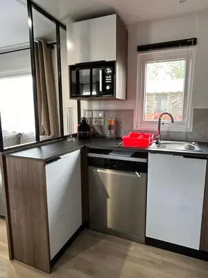 Cuisine ou kitchenette dans l'établissement Le Paradis du Rhône - mobilhome moderne et confortable