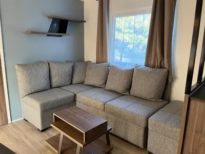 Coin salon dans l'établissement Le Paradis du Rhône - mobilhome moderne et confortable