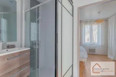 Salle de bains dans l'établissement Confort Nature - Maisonnette avec Jardin, Garage, Proche Eurexpo