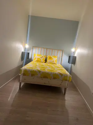 Un ou plusieurs lits dans un hébergement de l'établissement Appartement privé bleu