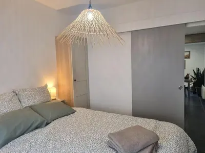 Un ou plusieurs lits dans un hébergement de l'établissement Charmant gîte à Montrond-les-Bains avec parking et wifi - FR-1-496-342