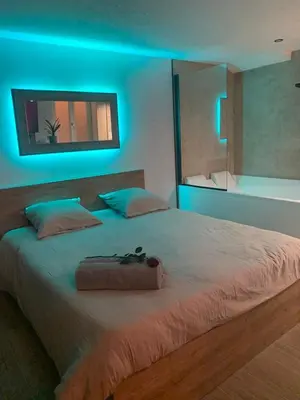 Un ou plusieurs lits dans un hébergement de l'établissement Love Room, studio Woody Spa , Balnéo
