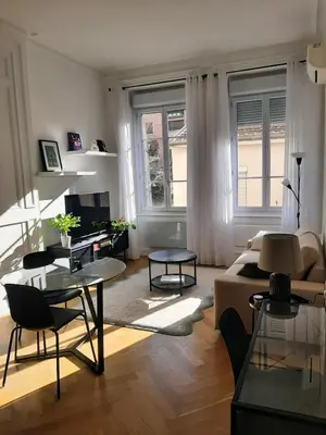 Coin salon dans l'établissement Haussmannien rénové et climatisé, Centre de Lyon - Métro Saxe-Gambetta