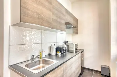 Cuisine ou kitchenette dans l'établissement Le Martini - Clim mobile - studio au Brotteaux Métro B