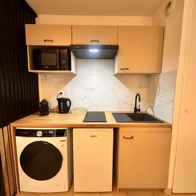 Cuisine ou kitchenette dans l'établissement Les Jardins de Rastel Studio