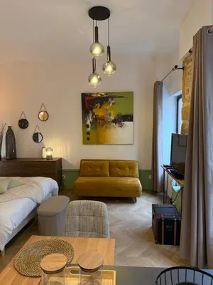 Coin salon dans l'établissement Appartement élégant et chic refait à neuf