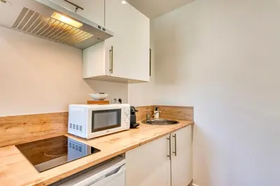 Cuisine ou kitchenette dans l'établissement Le Basalte - Lumineux studio - parking privé - wifi - proche métro B