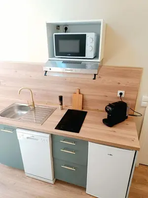 Cuisine ou kitchenette dans l'établissement Very quiet 2-person studio with a hot tub