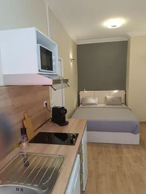 Cuisine ou kitchenette dans l'établissement Very quiet 2-person studio with a hot tub