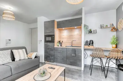 Cuisine ou kitchenette dans l'établissement Joli Studio haut standing à 100m du tram T3