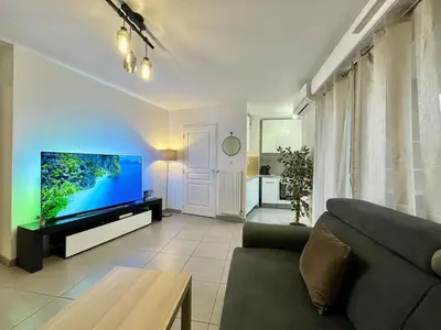 Télévision ou salle de divertissement dans l'établissement T2 cosy avec parking - Goupama Stadium LDLC Arena