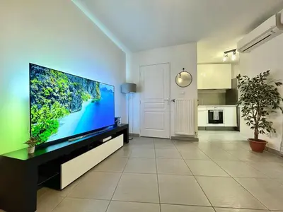 Télévision ou salle de divertissement dans l'établissement T2 cosy avec parking - Goupama Stadium LDLC Arena