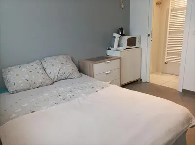 Un ou plusieurs lits dans un hébergement de l'établissement Chambre salle de bain clim