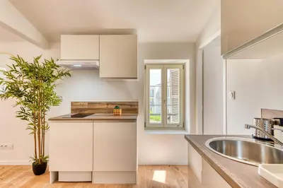 Cuisine ou kitchenette dans l'établissement Le Pastel - Cosy Appart - métro B - wifi inclus