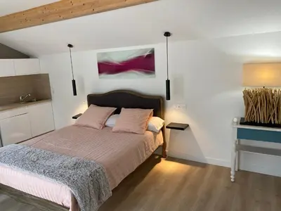 Un ou plusieurs lits dans un hébergement de l'établissement Studio indépendant dans propriété au cœur du Beaujolais
