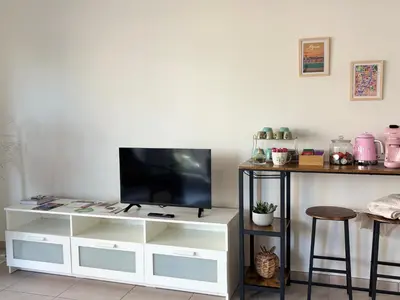 Télévision ou salle de divertissement dans l'établissement Côté Parc - appart cosy, terrasse, parking & au pied du métro à Lyon