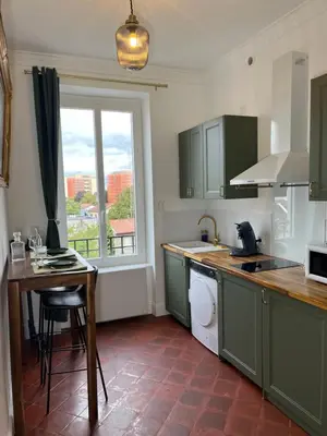 Cuisine ou kitchenette dans l'établissement Appartement de charme - Parking privé gratuit - Métro proche - Cours Emile Zola