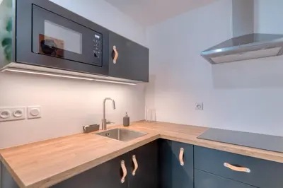 Cuisine ou kitchenette dans l'établissement Le Soleil d'Afrique - T3 - Montluel