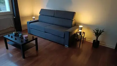 Coin salon dans l'établissement Superbe studio Lyon 3 avec chambre et balcon