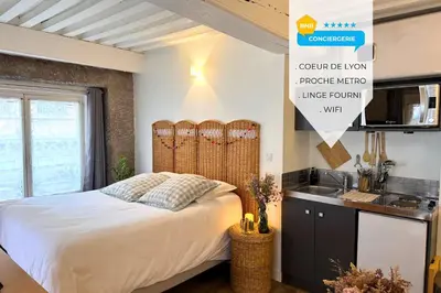 Cuisine ou kitchenette dans l'établissement Le Mur de pierre, BNB Conciergerie