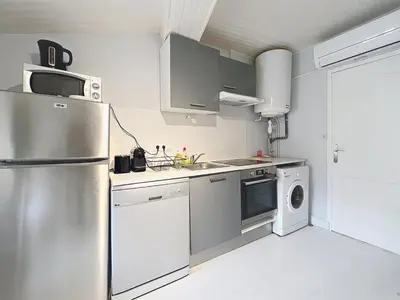 Cuisine ou kitchenette dans l'établissement Cozy apartment Oullins metro B 100 m