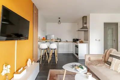 Cuisine ou kitchenette dans l'établissement Cosy T2-Tram-Balcon-Parking Lyon