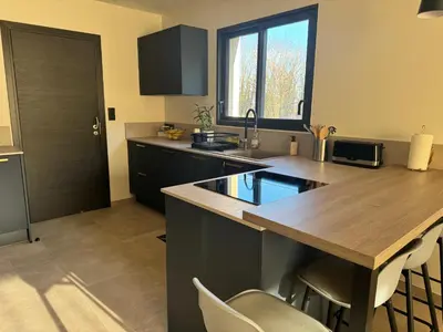 Cuisine ou kitchenette dans l'établissement Maison au calme à Pont-Évêque
