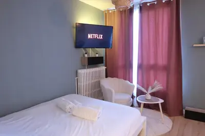 Télévision ou salle de divertissement dans l'établissement Studio avec parking privé à 8 min du tram