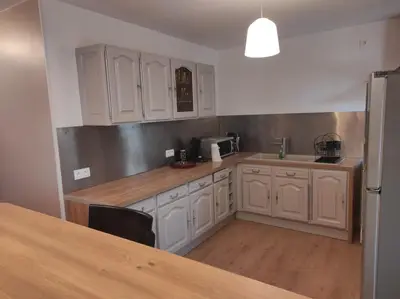 Cuisine ou kitchenette dans l'établissement Saint Denis en bugey proche de la CNPE Appartement rénové en rez de chaussée