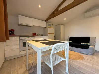 Cuisine ou kitchenette dans l'établissement Logement proche Lyon-aéroport-Centrale Bugey